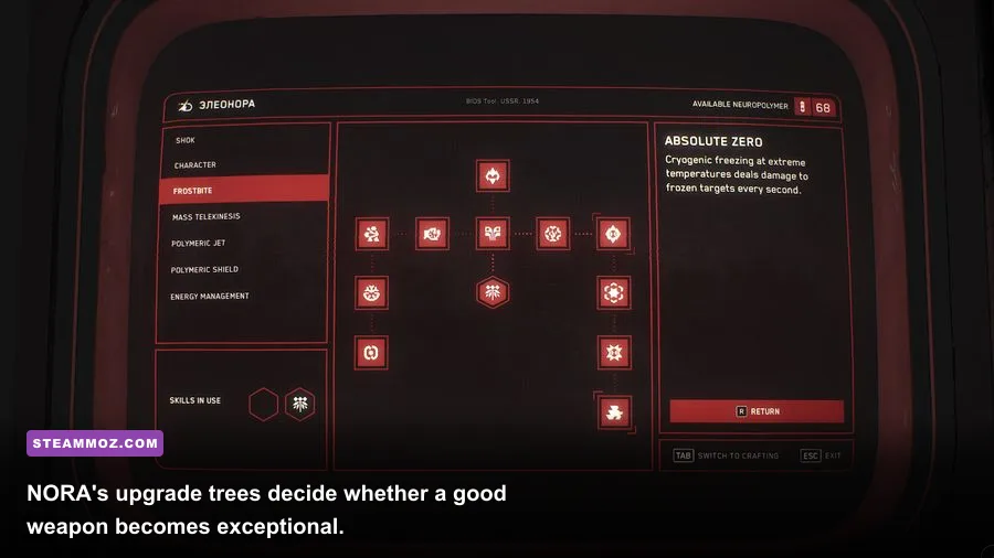 Atomic Heart Nora upgrade station showing weapon crafting and upgrades