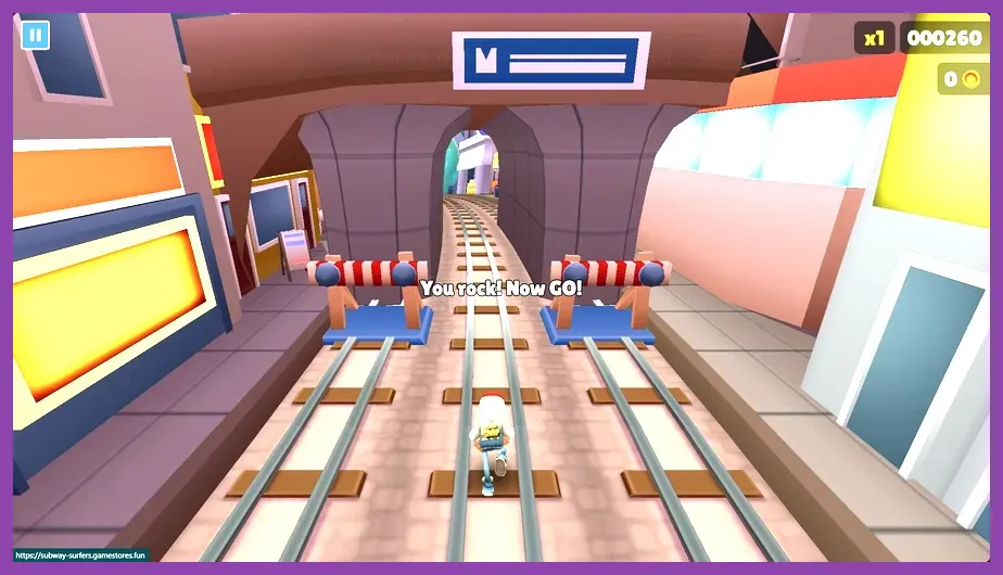 Subway Surfers player switching lanes between trains while collecting coins