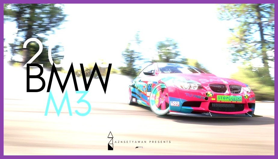 2008 BMW M3 drifting across a turn in Forza Horizon 5