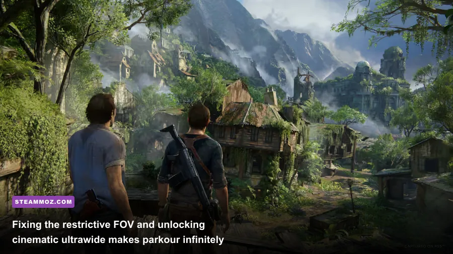 Nathan Drake scaling a cliffside with expanded field of view on ultrawide PC display