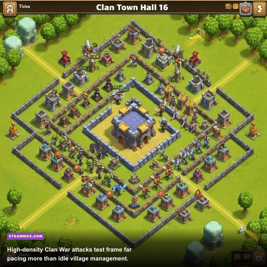 Intense Clan War attack in Clash of Clans with massive troop deployments and spell effects