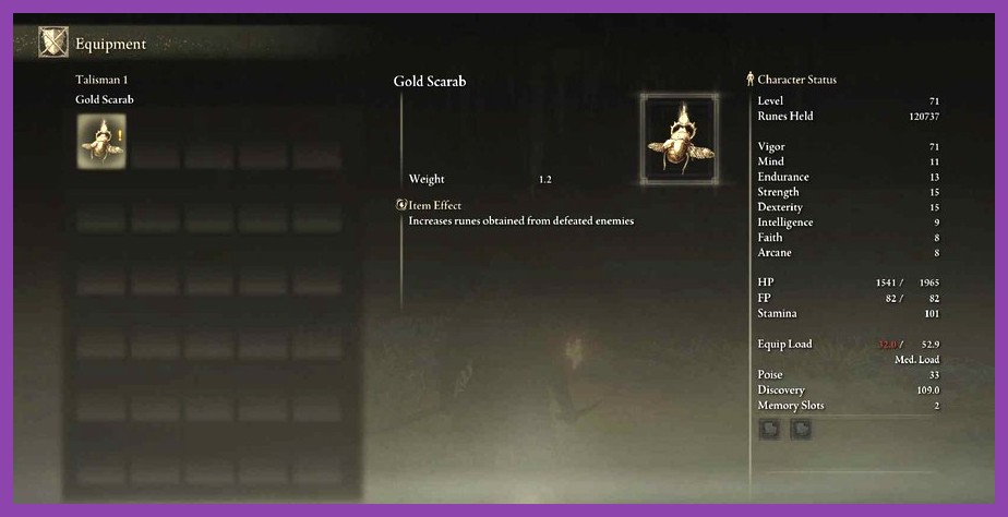 The Golden Scarab talisman selected in the Elden Ring equipment menu