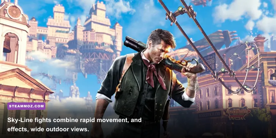 Booker DeWitt riding a Sky-Line during combat in BioShock Infinite