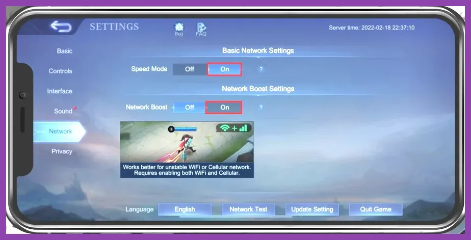 Mobile Legends network test interface displaying ping and speed mode toggles