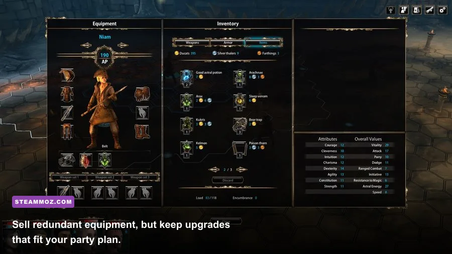 Blackguards equipment and inventory screen showing weapons armor and loot