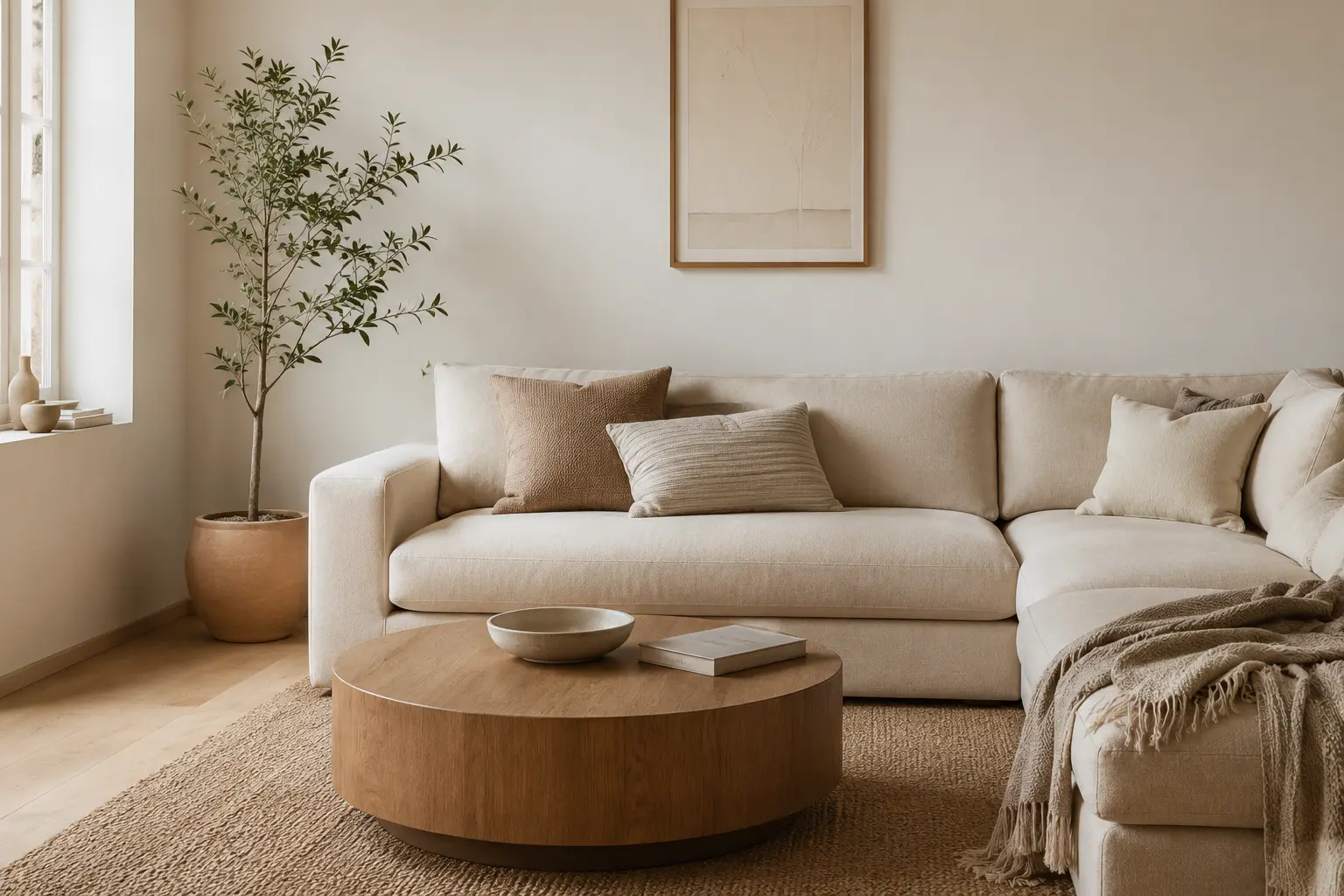 Modern living room with sofa and round wooden coffee table in warm neutral tones