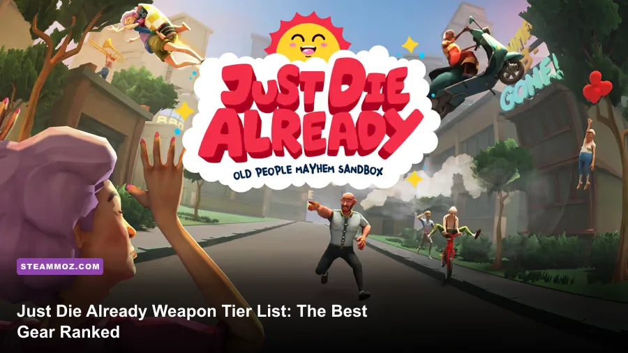 Just Die Already gameplay showing an elderly character causing chaos with weapons