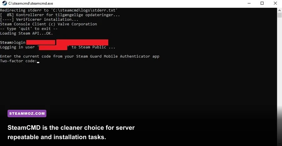 SteamCMD terminal showing login and app_update validate commands