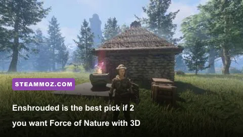 Enshrouded character gliding across Embervale near a crafted base