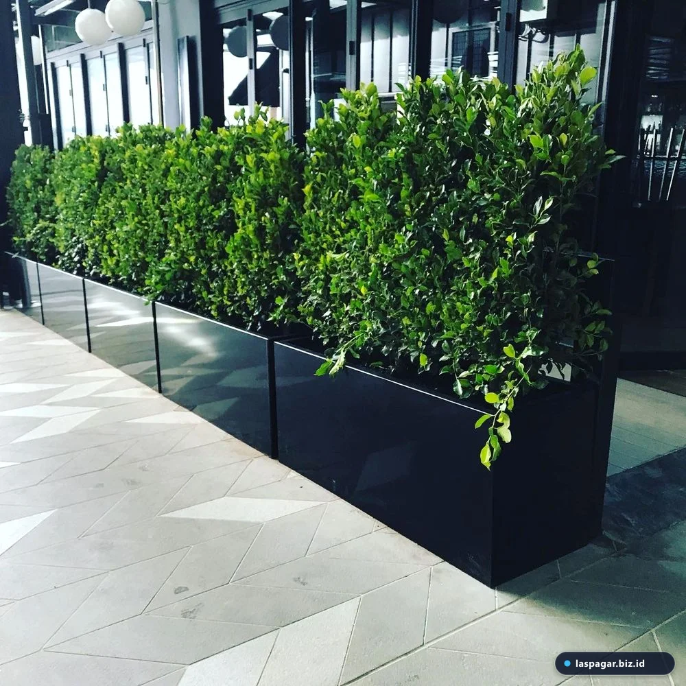 Tren planter box besi modern warna hitam pada taman arsitektur modern