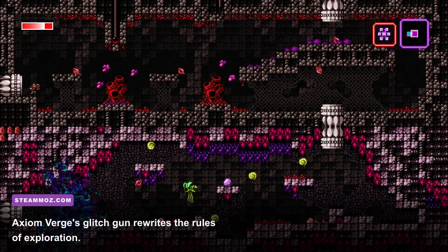 Axiom Verge player using the Address Disruptor glitch ability on a wall