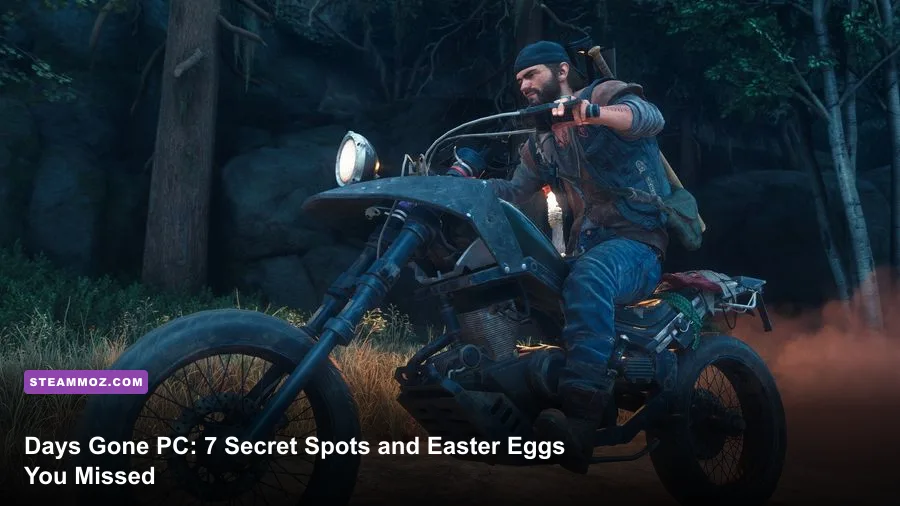 Deacon St. John riding his custom drifter motorcycle through the Pacific Northwest in Days Gone PC