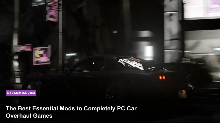 High performance sports car driving on a rain-slicked modded asphalt road at night with volumetric reflections