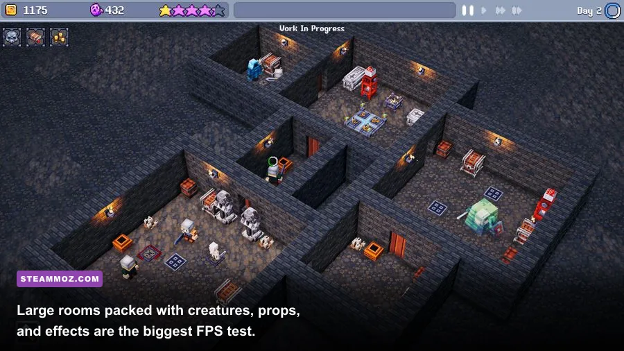 Crowded Dungeon Tycoon dungeon with monsters traps and decorations