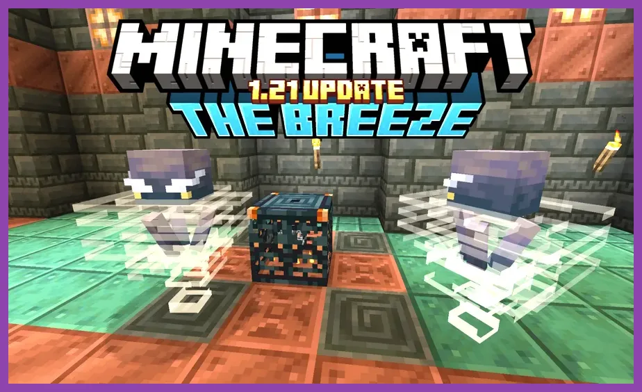Minecraft PE combat scene inside a Trial Chamber fighting the Breeze mob with a Mace