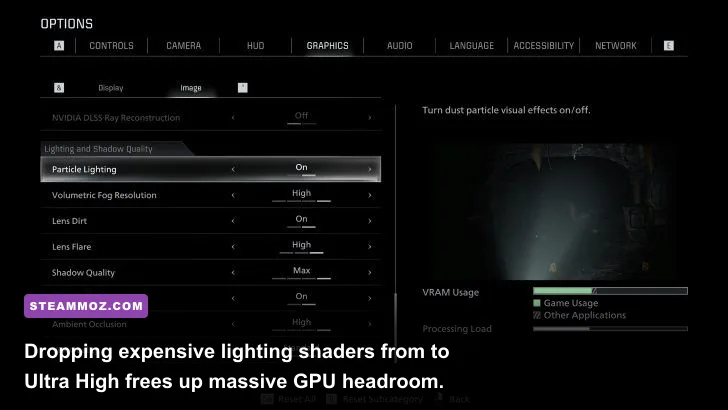 In-game graphics options menu highlighting shadow quality and volumetric rendering settings