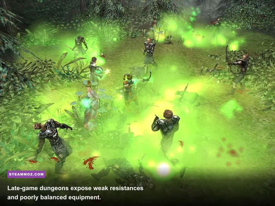 Dungeon Siege party exploring a late-game dungeon near the Crystal Caverns