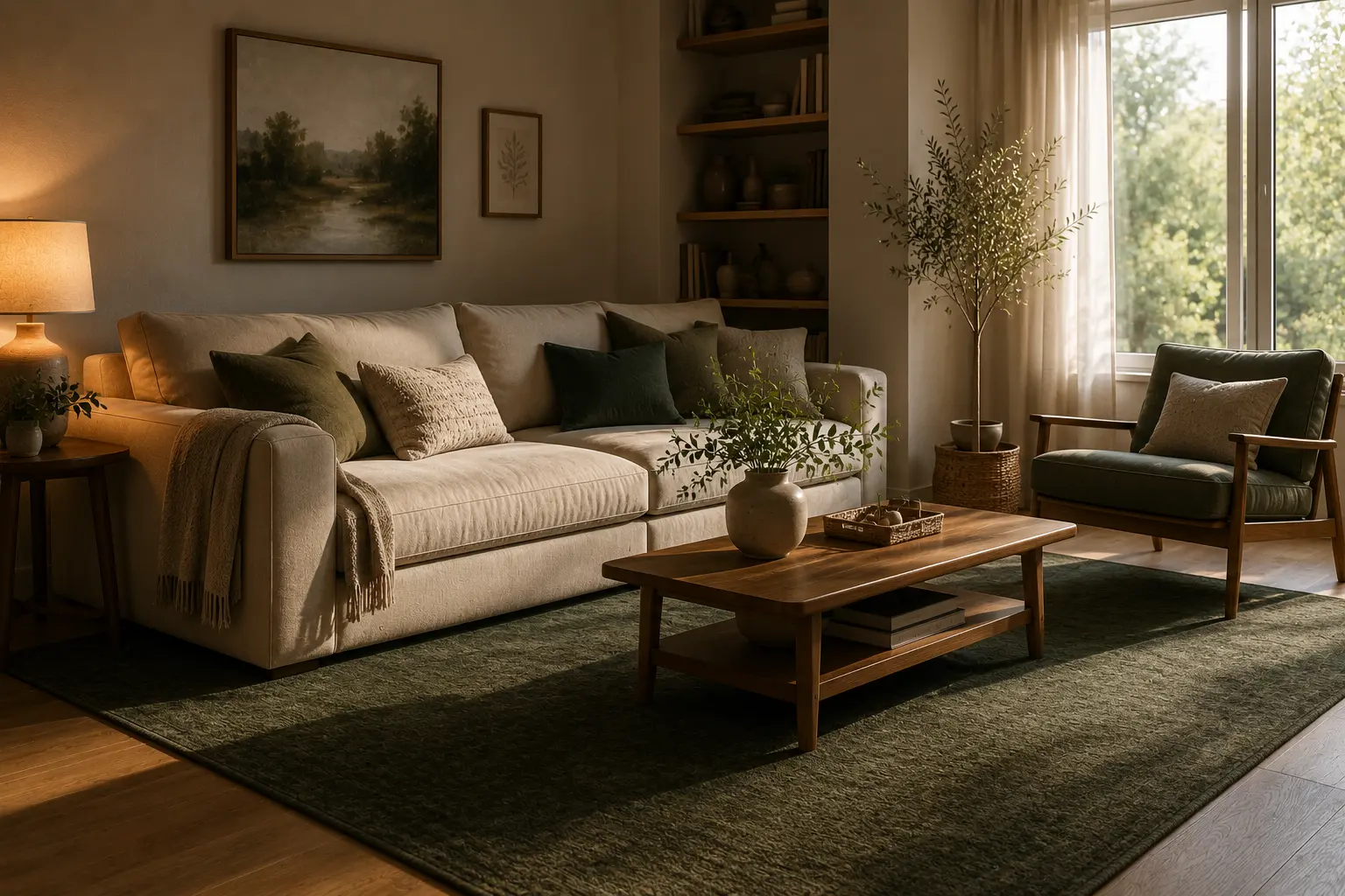 living room rug and sofa colors shown in natural daylight versus warm evening light