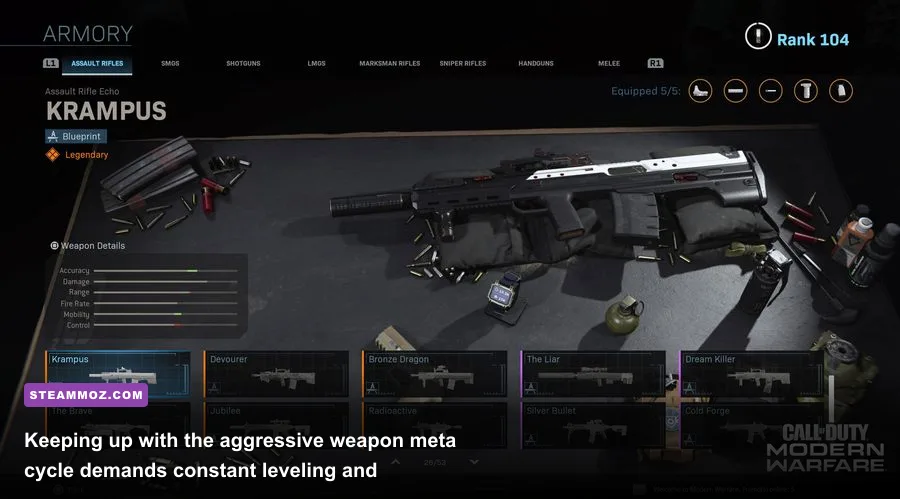 Warzone Gunsmith interface showcasing custom attachments, optic, and recoil tuning