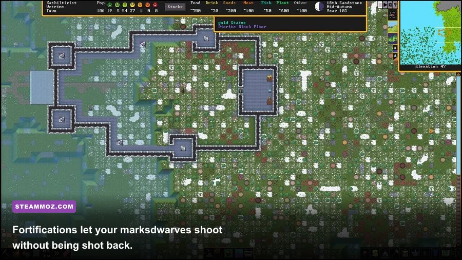 Fortifications with marksdwarves defending a corridor