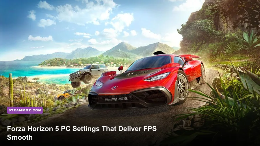 Forza Horizon 5 PC gameplay showing a sports car racing through Mexico at sunset