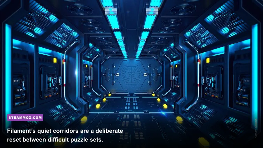 Atmospheric spaceship corridor from the puzzle game Filament