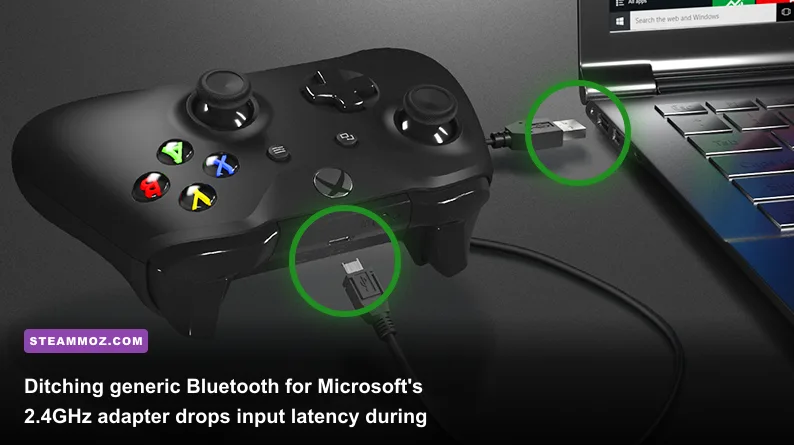 Xbox Wireless Controller next to dedicated USB wireless adapter