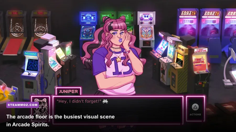 Arcade Spirits arcade floor scene with cabinets and staff characters