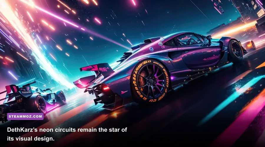 DethKarz futuristic racing circuit with neon scenery and combat-ready cars
