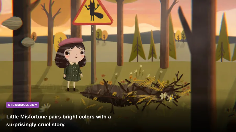 Little Misfortune exploring a dark fairytale forest in gameplay