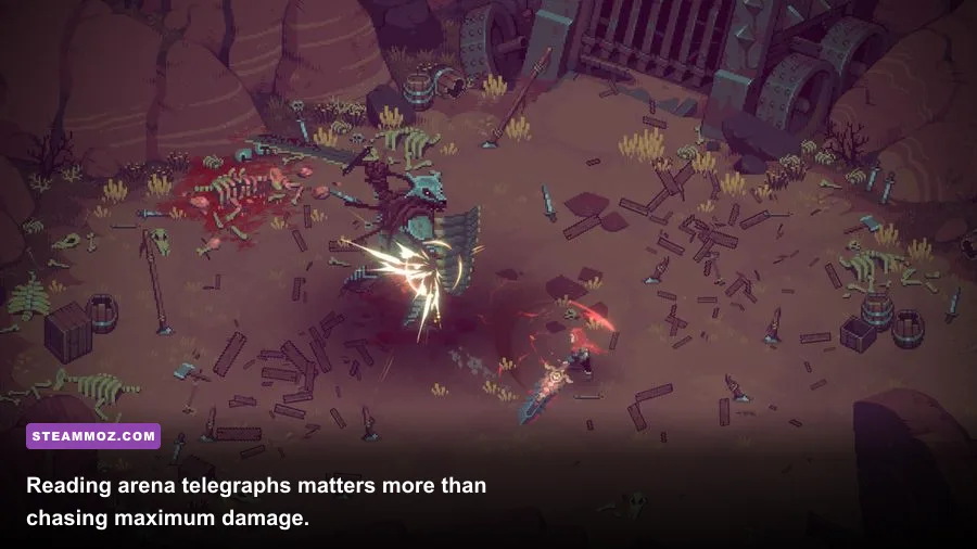 A boss arena filled with attack indicators in Eldest Souls
