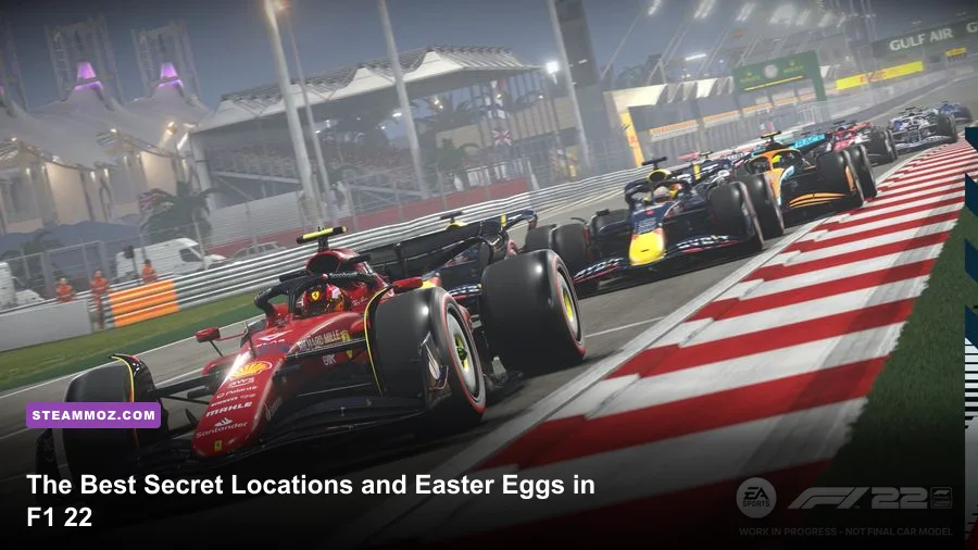 F1 22 PC car racing through the Miami International Autodrome at night