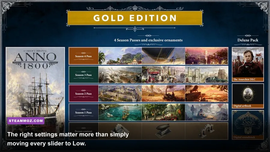 Anno 1800 PC graphics settings menu showing resolution shadows and texture options