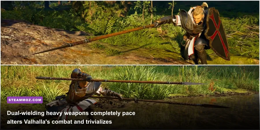 Eivor fighting Saxons while dual-wielding spears in Assassin's Creed Valhalla