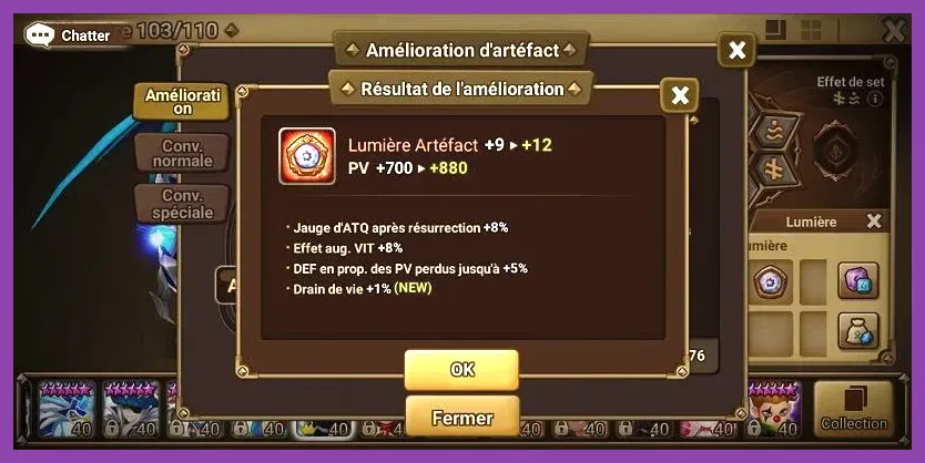 Summoners War artifact modification screen showing additional damage substats