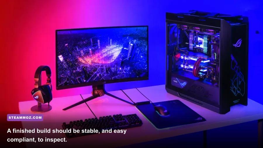 Completed gaming PC with tidy cable management and RGB lighting in PC Building Simulator