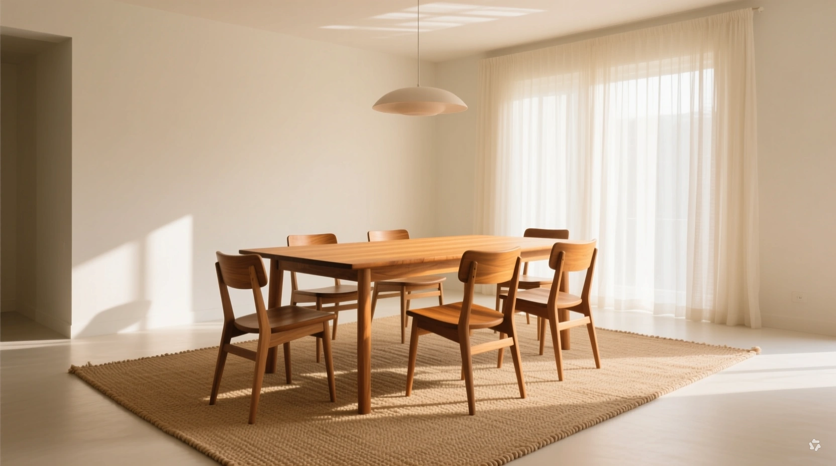dining table and chairs on a large rug with chairs pulled out and legs still on the rug