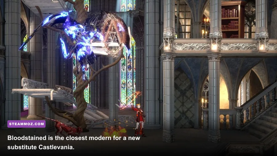 Bloodstained Ritual of the Night gameplay showing Miriam fighting inside a gothic castle