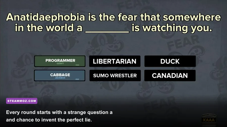 Fibbage XL question screen displaying a fill in the blank prompt