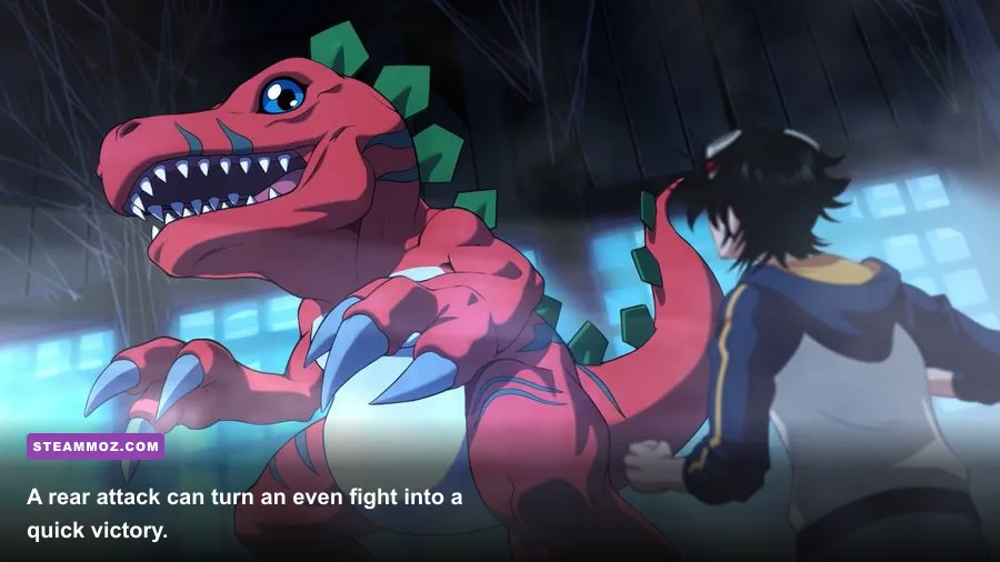 Digimon positioned behind an enemy to exploit a flank attack in Digimon Survive