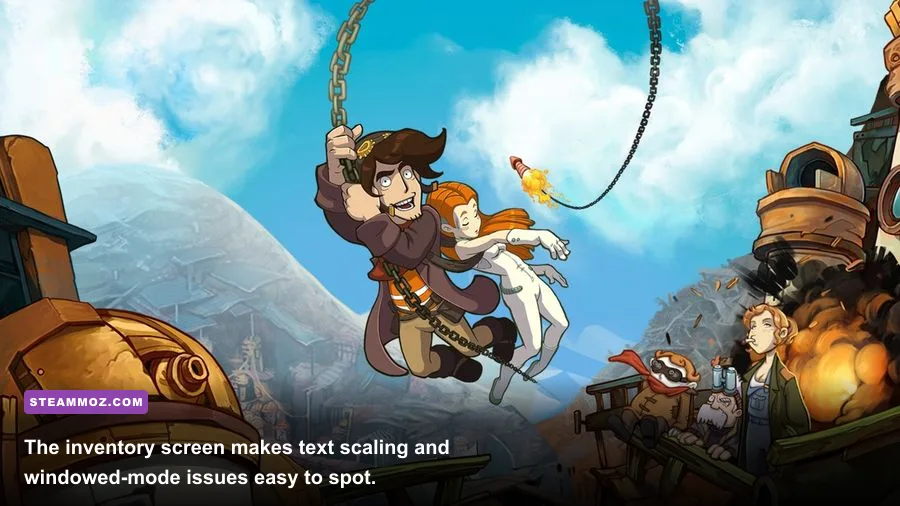 Rufus using the Deponia inventory interface in a high-resolution gameplay screenshot