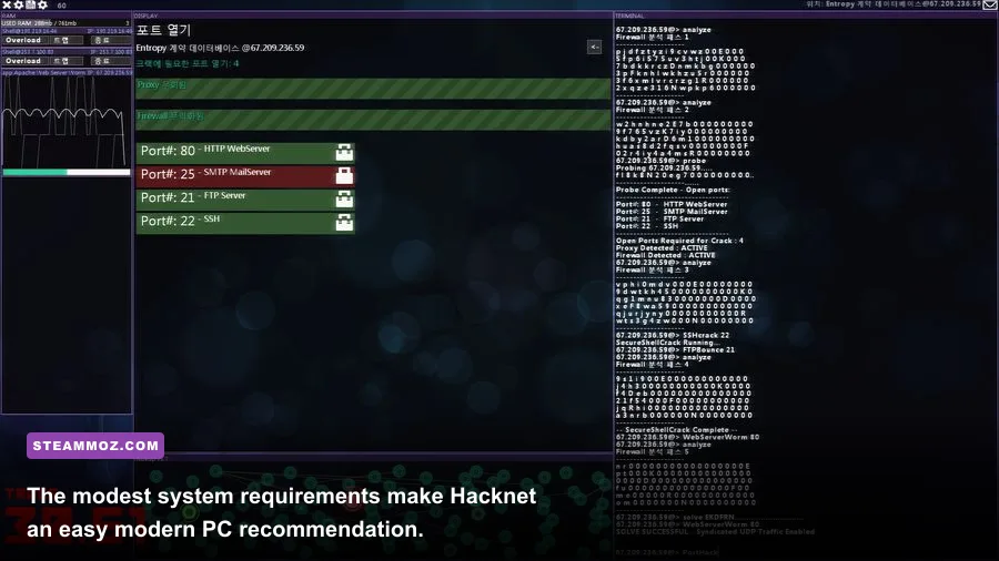 Hacknet running on a Windows PC with its dark terminal interface
