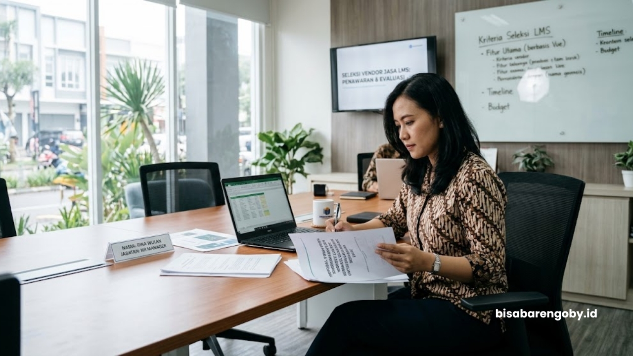 Manajer SDM meninjau proposal penawaran saat menyeleksi jasa website LMS untuk perusahaan di Depok berbasis Vue