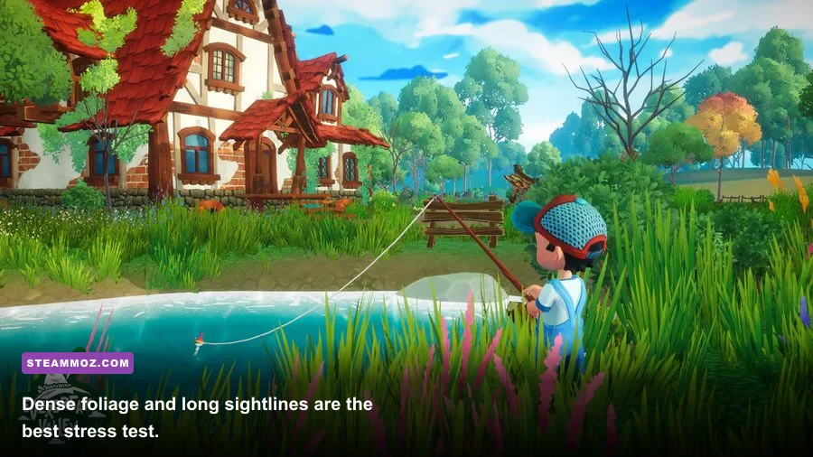 Everdream Valley character exploring a forest and lake in an open world gameplay scene