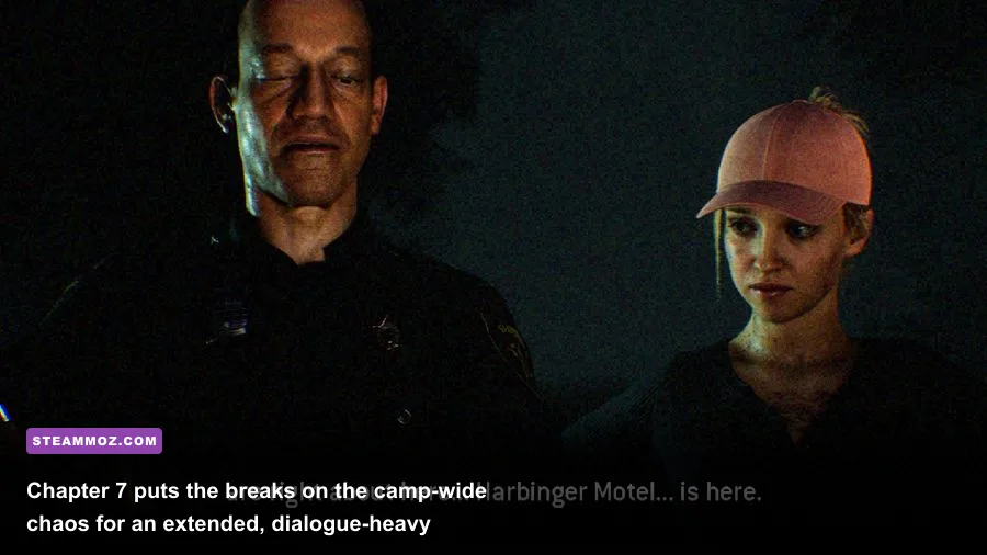Laura Kearney speaking to Sheriff Travis Hackett across a dimly lit jail cell in Chapter 7