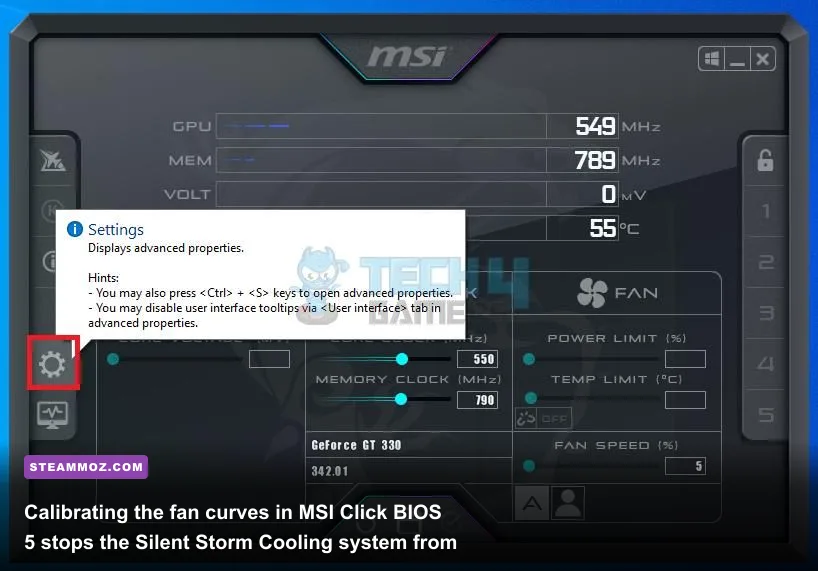 MSI Click BIOS 5 interface displaying custom fan curve and power limit configurations