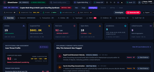 GhostCluster evidence and case workspace — prototype screenshot
