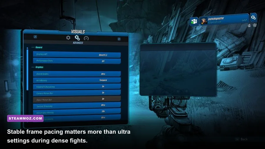 Borderlands 3 PC graphics settings menu for smooth DLC performance