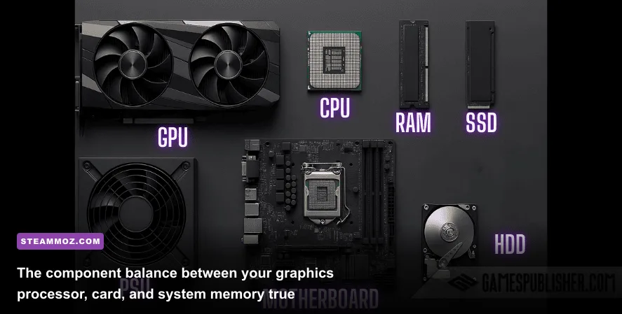 Core PC gaming components including motherboard, DDR5 RAM sticks, and high-speed NVMe SSD