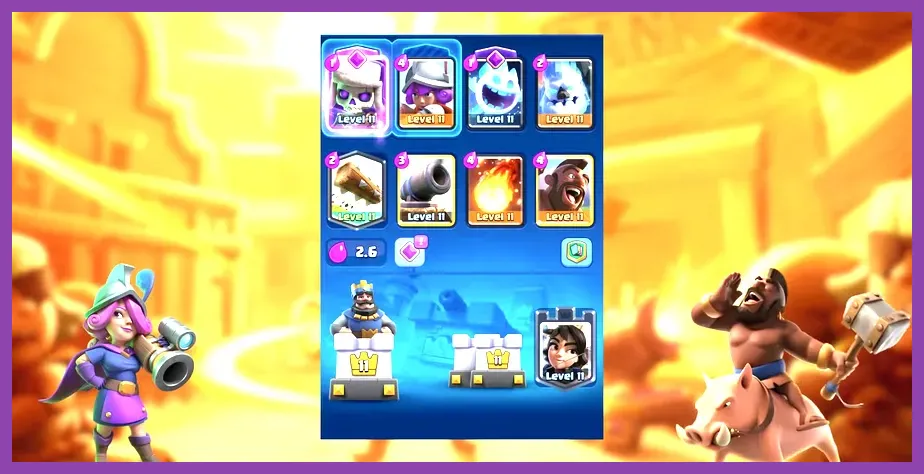 Clash Royale deck featuring Hog Rider, Musketeer, Cannon, and low-cost cycle cards